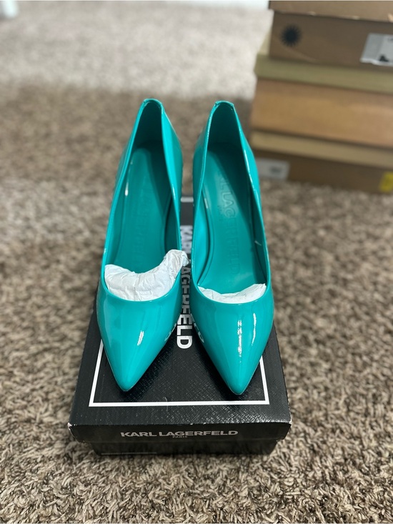 Karl Lagerfeld Shoes - Karl Lagerfeld Teal Pointed Patent Pumps